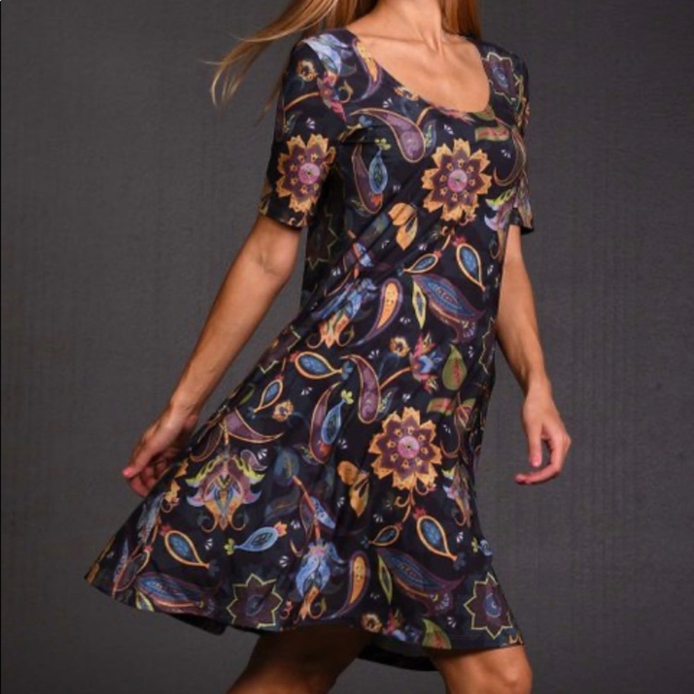 LBISSE Dress drapey stretch knit black floral swingy 1X US made New with Tag